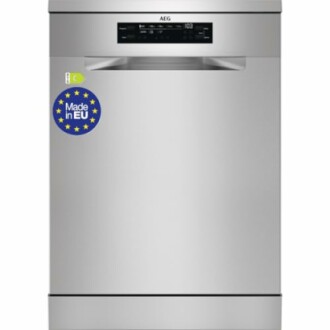 Lavavajillas de acero inoxidable AEG con etiqueta 'Made in EU'.