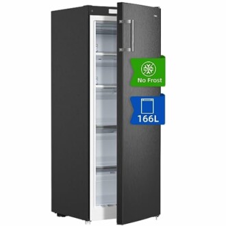 Congelador vertical negro con tecnología No Frost y capacidad de 166 litros.