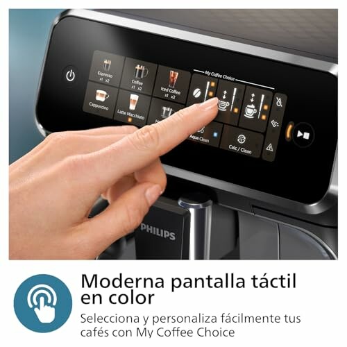 Pantalla táctil de máquina de café con opciones personalizables.