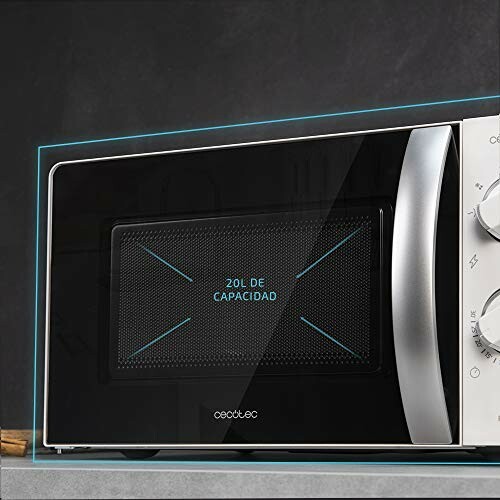 Horno microondas negro con capacidad de 20 litros.