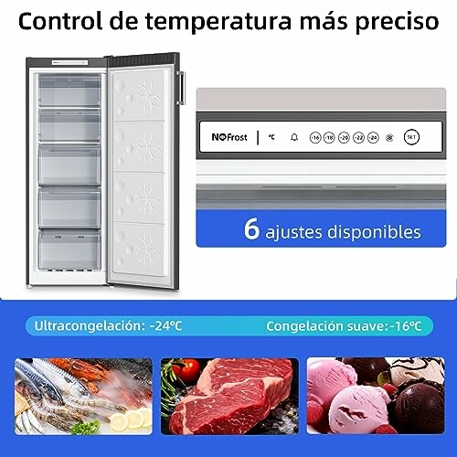 Congelador con control de temperatura preciso y seis ajustes disponibles.