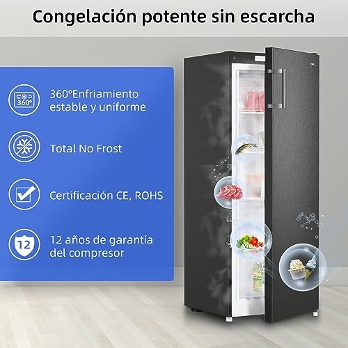 Congelador vertical sin escarcha con certificaciones CE y ROHS, 12 años de garantía.