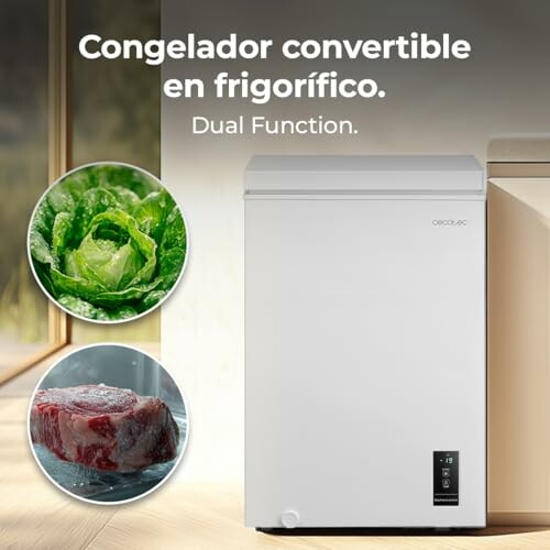Congelador convertible en frigorífico con lechuga y carne congelada.