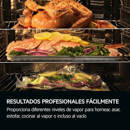 Horneando pollo, pescado y verduras al vapor en un horno.