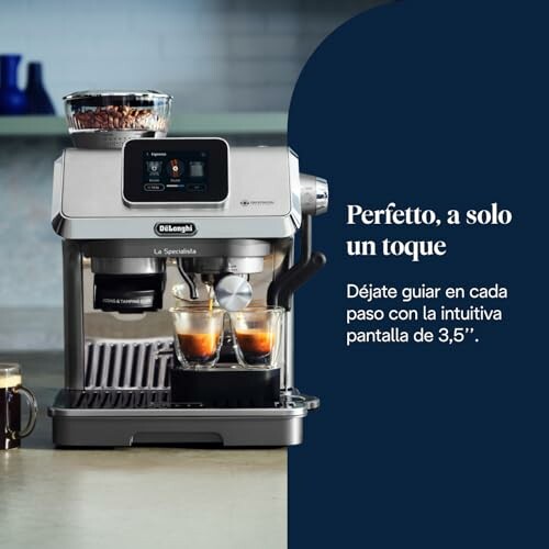 Máquina de café DeLonghi con pantalla intuitiva y texto promocional.