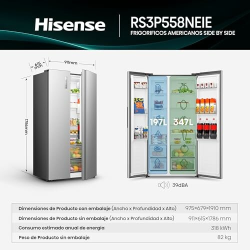 Refrigerador americano Hisense RS3P558NEIE con puertas abiertas y dimensiones.