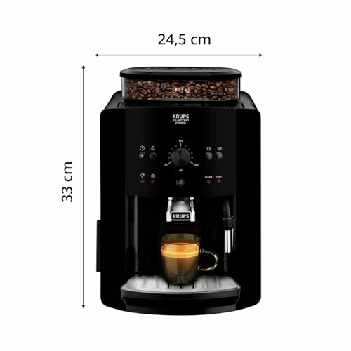 Máquina de café Krups con medidas de 24.5 cm por 33 cm.