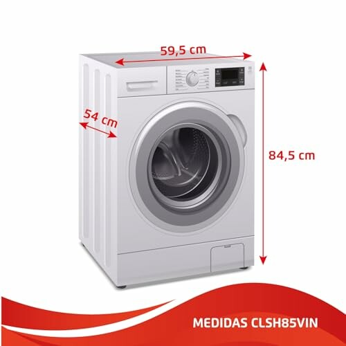 Lavadora con medidas de 59,5 cm de ancho, 54 cm de profundidad y 84,5 cm de altura.