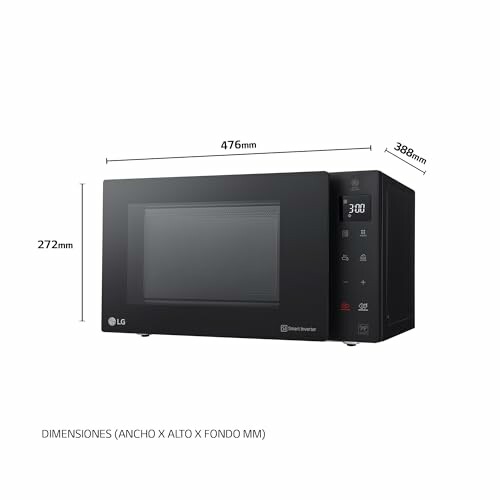 Horno microondas LG con dimensiones y panel frontal.
