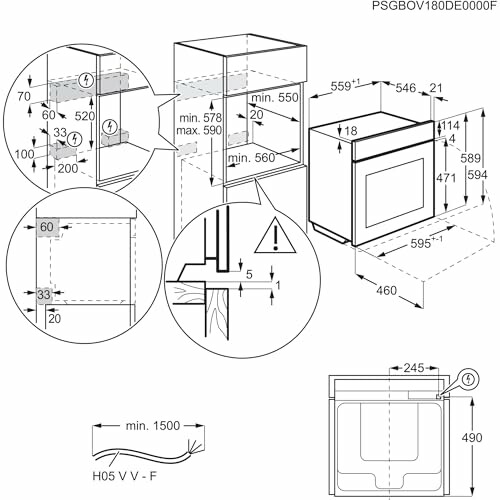 Diagrama de instalación del horno con medidas detalladas.