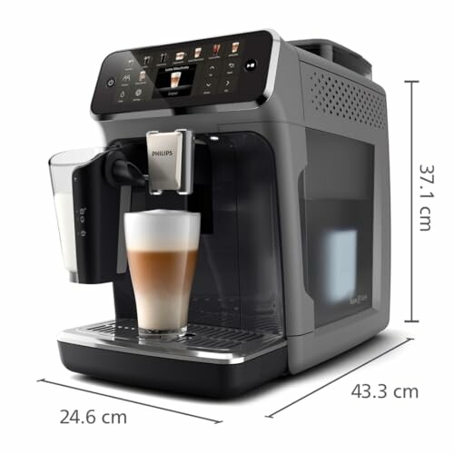 Cafetera espresso Philips con pantalla táctil y medidas.
