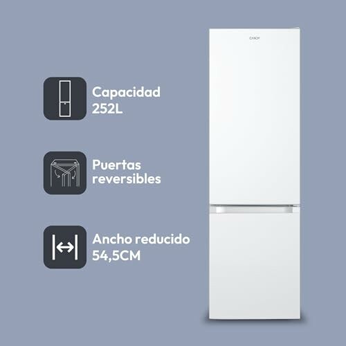 Refrigerador blanco con capacidad de 252 litros, puertas reversibles y ancho de 54,5 cm.