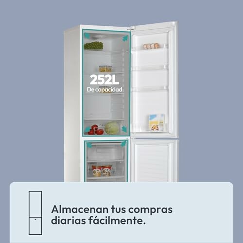 Refrigerador blanco con puerta abierta y capacidad de 252L.