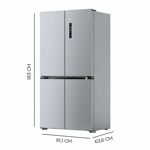 Refrigerador plateado con dimensiones en centímetros