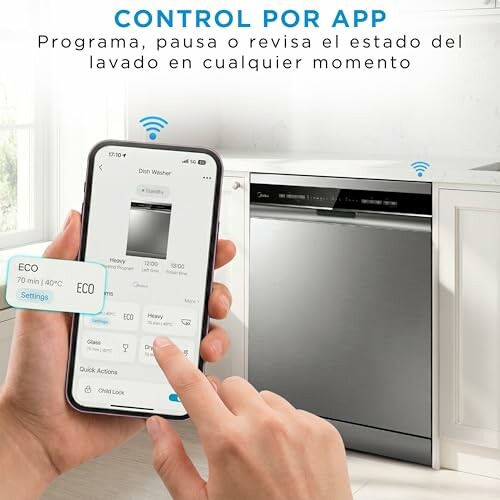 Control de lavavajillas inteligente mediante una aplicación móvil.