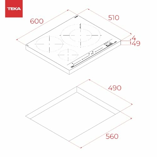 Esquema dimensional de una placa de inducción Teka con medidas.