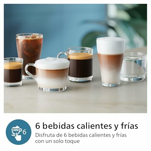 Seis bebidas calientes y frías en vasos y tazas.